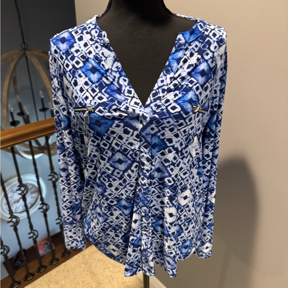 INC International Concepts Blue and White Patterned Blouse